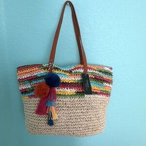 NWT Daisy Rose Summer Beach Tote Vegan Leather Handles Pom Pom Tassels & Clutch